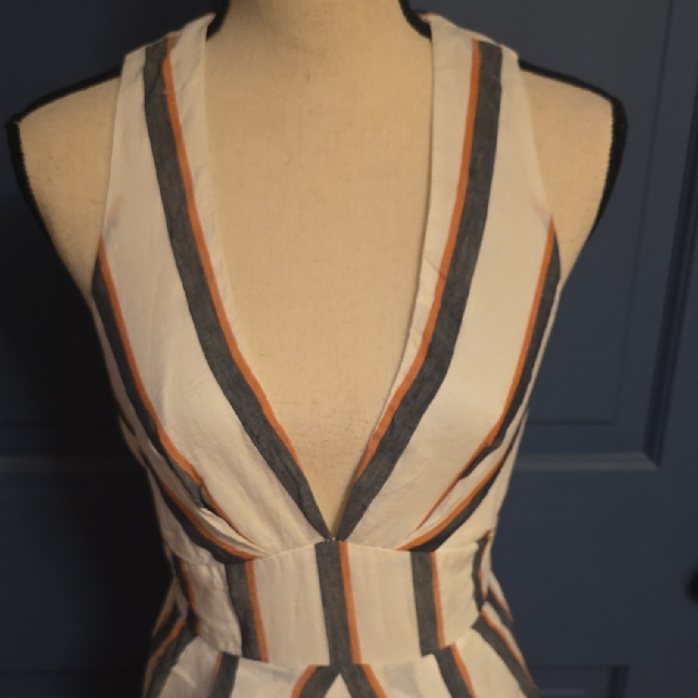 L'ATISTE White Maxi Dress Gray Pink Stripe Deep Plunge Halter Neck Pockets Small - Picture 7 of 8